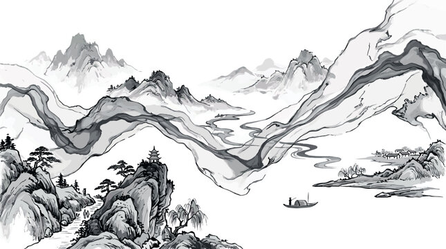 Traditional chinese ink wash landscape painting featuring mountains and river