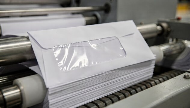 Closeup medium shot of a paper envelope machine crafting windowed envelopes highlighting the transparent section and precision folding process on the factory line.