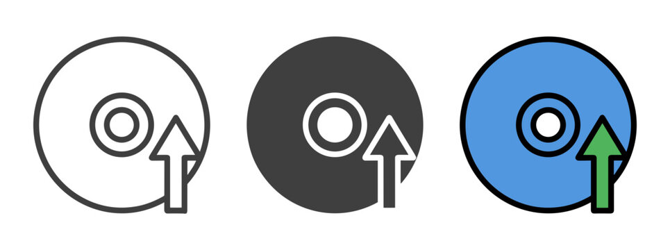 Compact disc upload icon set for data storage and backup outline, solid and color styles, white background