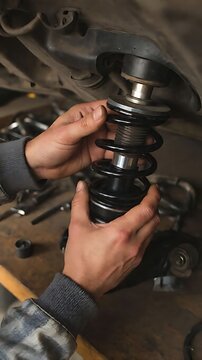 Closeup of a mechanics hands adjusting a coilover suspension shock absorber in an auto repair workshop