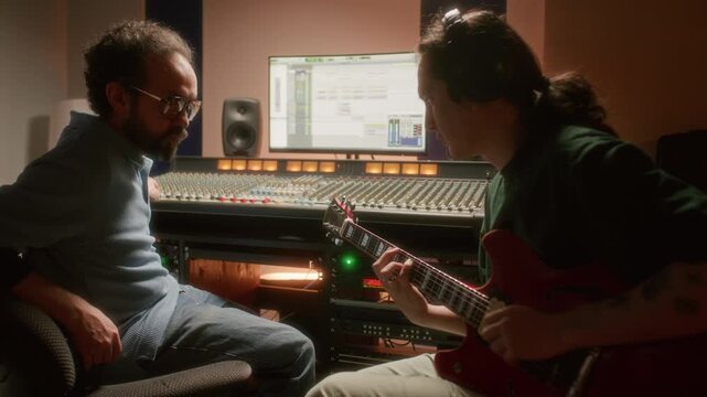 Young musician playing electric guitar and speaking with experienced sound engineer monitoring levels at mixing console during live recording session in professional audio studio