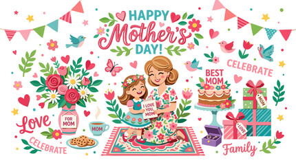 Fototapeta premium Colorful and cheerful mothers day illustration with flowers and gifts