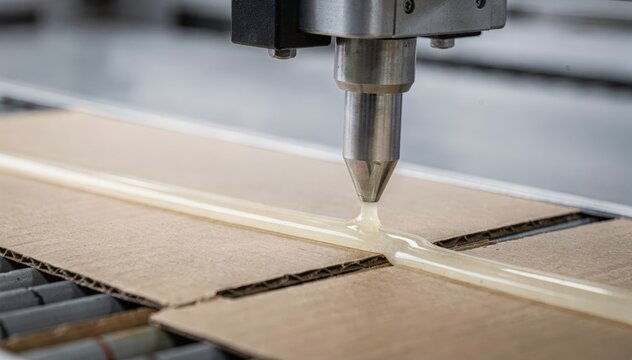 Medium shot of hotmelt adhesive smoothly applied on cardboard flaps highlighting glossy texture and precise machine nozzle in industrial packing process.