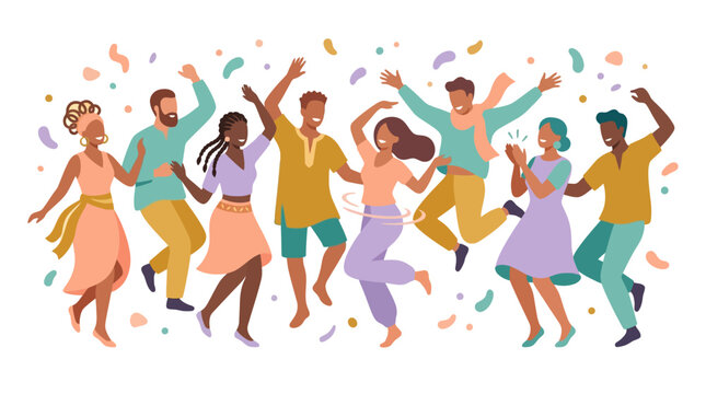 Diverse group of people dancing and celebrating together in a lively party scene.