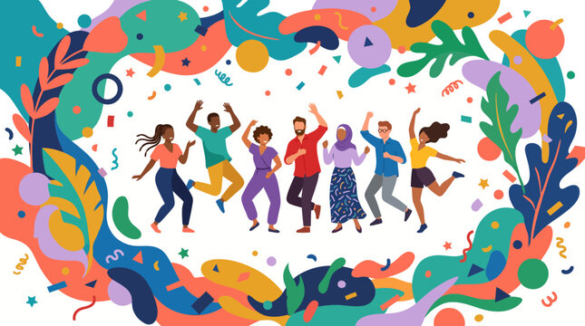 Vibrant group of people dancing and celebrating in a colorful abstract scene.