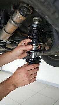 Mechanic installing a new coilover suspension shock absorber on a car in a professional workshop