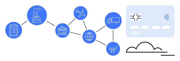 Logistics, payment systems, digital commerce, global trade, cloud technology, and connectivity. Icons of factory, airplane truck warehouse shopping cart and credit card. Logistics and payment © robu_s