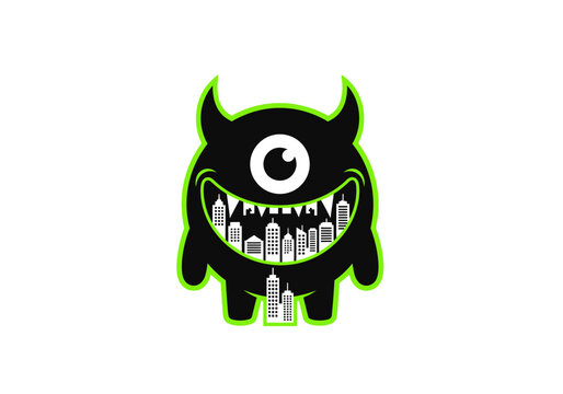 One eyed black monster mascot with city skyline mouth