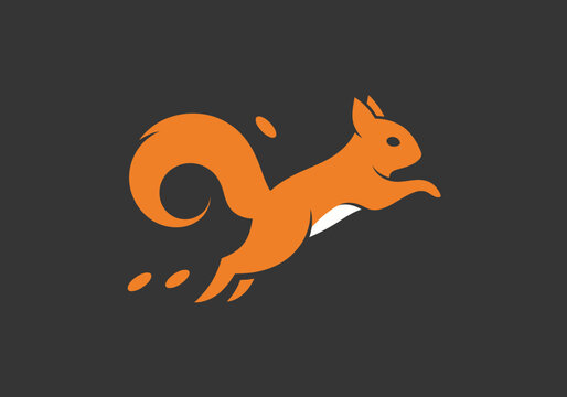 Orange squirrel leaping in a modern minimalist logo design