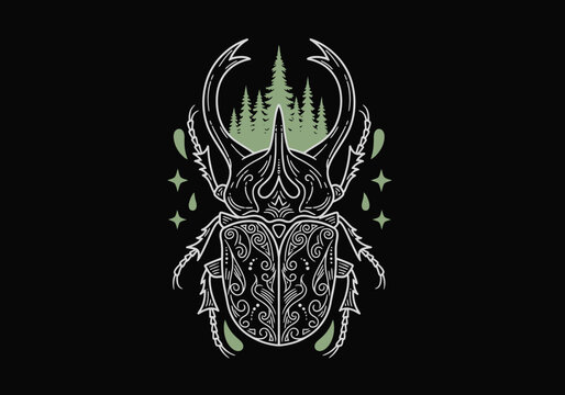Ornamental rhinoceros beetle with pine tree forest on black