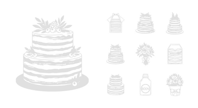 Hand-drawn wedding cake illustration with small dessert icons and floral elements.