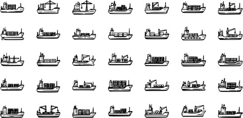 Collection of 49 Hand-Drawn Cargo Ships and Container Vessels on White Background © evalova
