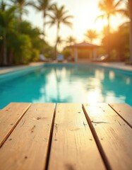 Fototapeta premium Wooden deck surface near calm pool water with palm trees and gazebo in soft focus background. Sun sets creating warm orange glow over tropical resort setting ideal for relaxation.