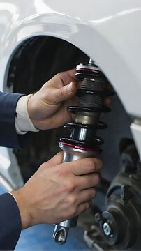 Mechanic installing or adjusting a car suspension coilover shock absorber in a garage