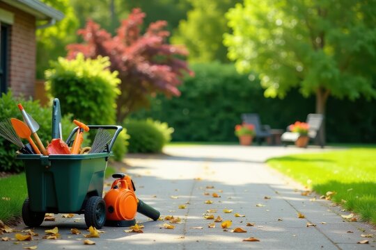 Landscaping tools and equipment neatly organized in a green cart, ready for spring yard work on a sunny day along a paved walkway.
