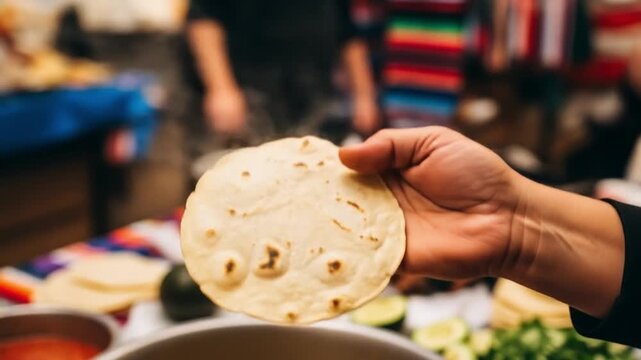 A hand holds a tortilla with food prep items and people in the background