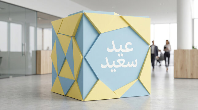 Minimalist Corporate Style Matte White Arabic Eid Saeed Text "عيد سعيد" on Pastel Geometric 3D Cube