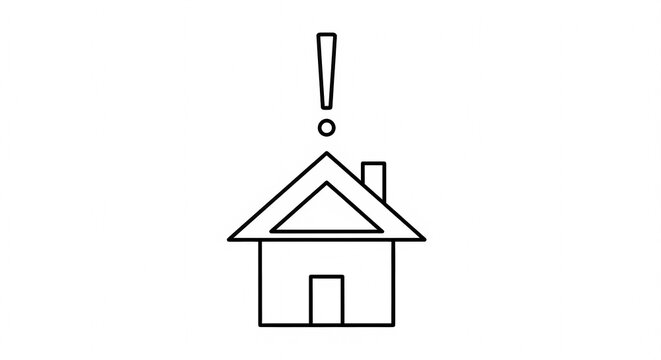 Simple Line Art Icon of a House with an Exclamation Mark Above.