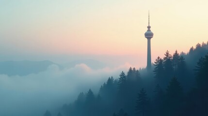 Obraz premium Serene Sunrise A Tall Tower Stands Above a Misty Mountain Forest at Dawn
