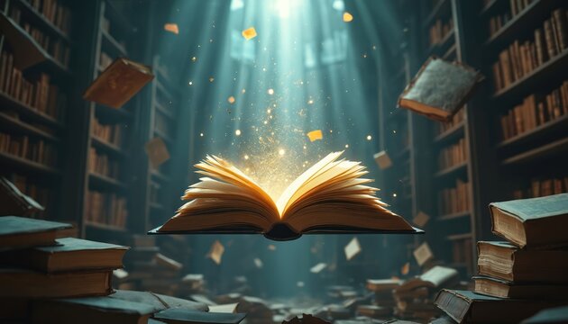 Open book floats with glowing magic particles in mystical library. Bookshelves filled with old volumes surround a luminous open book emitting golden light, inspiring imagination and wonder.