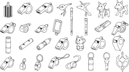 Collection of Whistles, Flutes, Dogs and Other Objects Outline Doodle Art © evalova