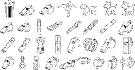 Collection of various black and white line art illustrations featuring diverse whistles and several dog breeds, perfect for sports, pet training, and signaling designs. © evalova