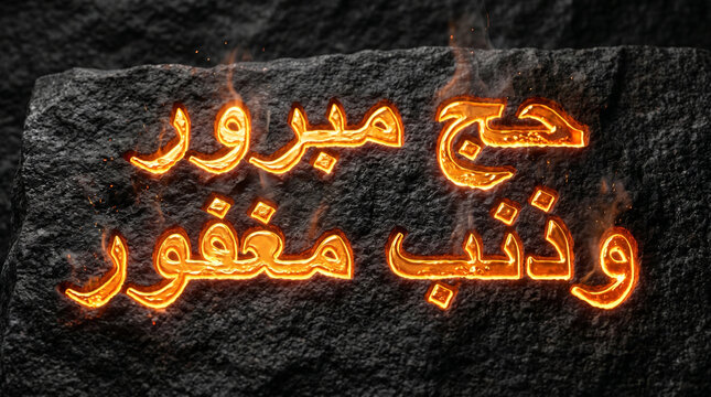 Luxury Contrast Macro Molten Gold Arabic Hajj Mabrour Text "حج مبرور وذنب مغفور" Poured into Rough Dark Grey Granite Stone