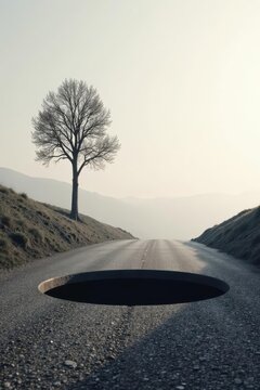A solitary tree stands beside an empty road, a gaping hole in the asphalt ahead, symbolizing unforeseen challenges and the unknown future