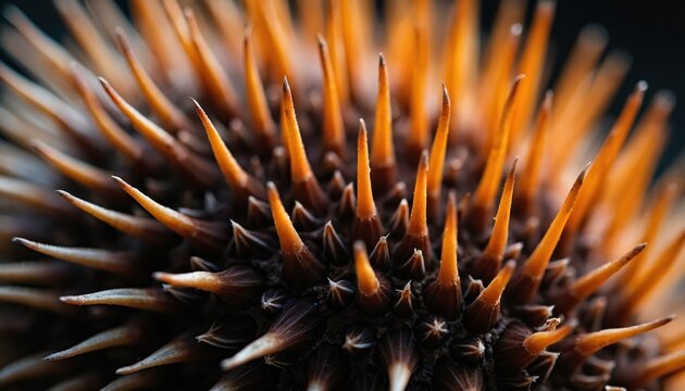 Extreme closeup of echidnas spiky outer coat reveals intricate detail of sharp orange spines. Dark brown prickly texture shows nature defense system. Macro view.