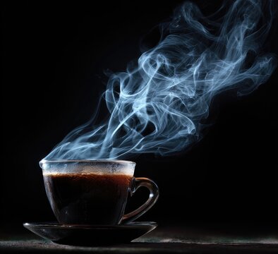 Steaming espresso in a transparent cup, rising vapor against a dark backdrop