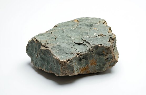 Greenish gray schist rock fragment with rough texture and visible cracks. A mineral sample isolated on a clean white background. This geological specimen represents a piece of the Earths crust.