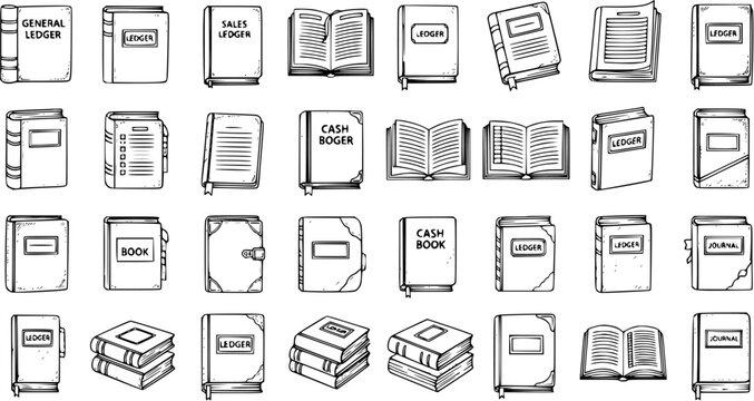 Hand-Drawn Accounting Ledgers and Journal Books Icon Set. Doodle Style Financial Records Collection for Business and Finance Illustrations.