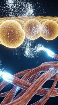 Microscopic 3D animation of popping fat cells revealing underlying muscle fibers, vertical video
