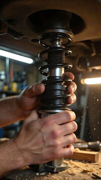 Closeup of a mechanics hands adjusting a coilover suspension shock absorber in a workshop