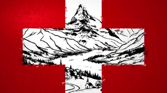 Switzerland Flag Matterhorn Alpine Landscape Ink Painting Animation Zermatt Swiss Alps Village Geneva Davos Finance Banking National Symbol Creative Motion