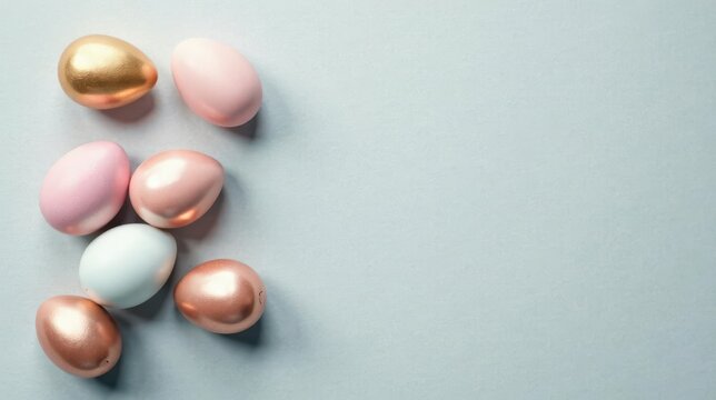 Pastel and metallic eggs arranged on a light blue background, perfect for spring celebrations and festive designs.