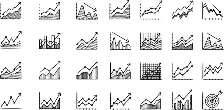 Hand-Drawn Icons of Various Business and Financial Graphs, Charts, and Targets