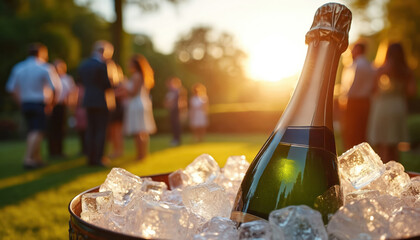 Obraz premium Champagne bottle chills in ice bucket outdoors at sunset party. Elegant guests socialize in warm light on lawn. Celebration drink ready for toasting.