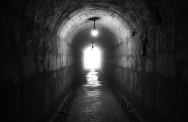 Obraz premium Dark, wet concrete tunnel with old light bulbs leads to bright exit. Creepy underground passage with grunge texture and puddles on floor. Historic WWII bunker interior.