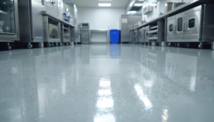 Obraz premium Shiny floor in modern industrial kitchen. Stainless steel appliances gleam under bright lights. Cleanliness and hygiene are key in this pro food prep space.