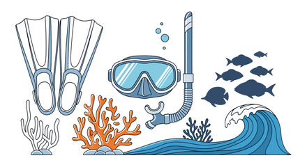 Illustration of snorkeling gear and marine life including flippers, mask, snorkel, coral, and fish in a stylized oceanic scene. © ahmad