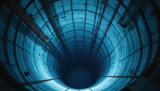 Deep concrete shaft with blue light. Industrial structure interior perspective looking down into darkness. Large scale engineering construction site abyss.