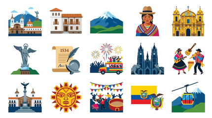 Ecuadorian culture and travel symbols set with flat isolated icons of famous landmarks, traditional costumes, and national flag. © GJ