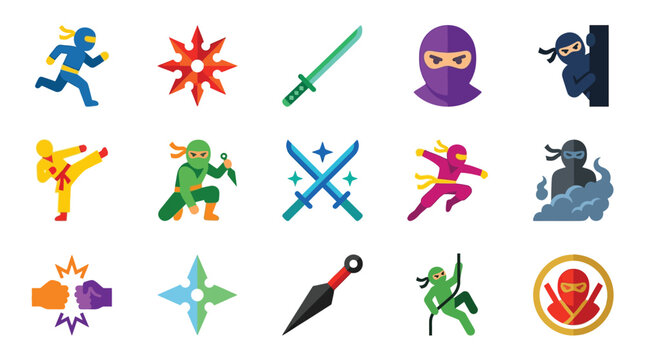 Collection of colorful ninja character icons and traditional Japanese weapons in various poses and actions.