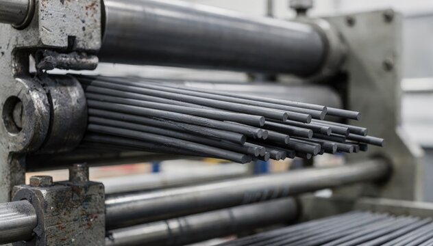 Medium shot capturing hard graphiteclay mixture extrusion into slender rods emphasizing rigidity and solid formation in raw pencil lead production.
