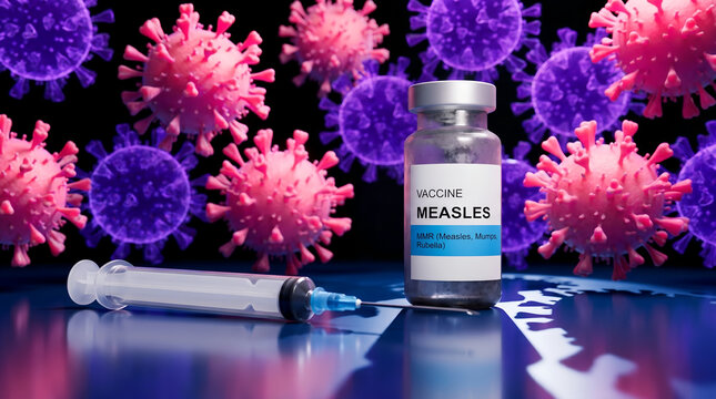 Medical concept of Measles prevention with a vaccine vial, syringe, and virus models.