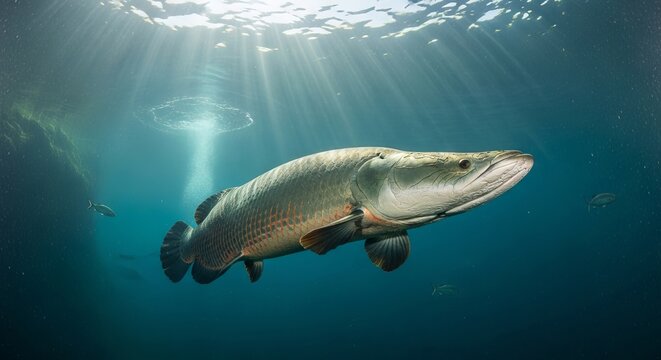 Arapaima, one of the world&rsquo;s largest freshwater fish, captured in cinematic underwater environments with detailed armored scales, dramatic lighting, and realistic aquatic atmosphere.