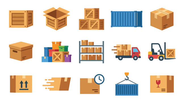 Set of various shipping and delivery icons including boxes, containers, trucks, and forklifts, representing logistics and transportation services.