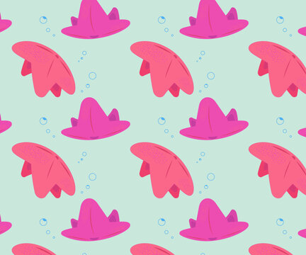 Dise&ntilde;o vectorial de verano, patr&oacute;n sin costuras de estrellas de mar de dibujos animados y burbujas marinas
