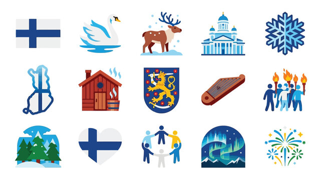 Collection of Finnish cultural symbols and national elements, including the flag, swan, reindeer, Helsinki Cathedral, and Northern Lights.